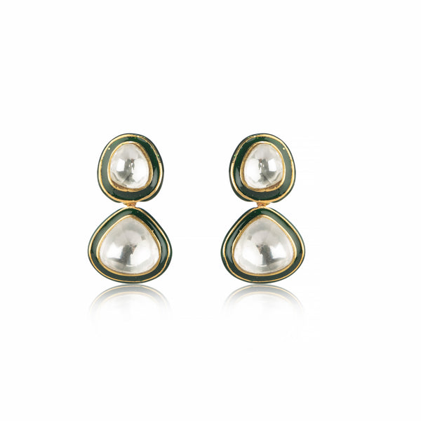 Aaravi Earrings with white stones and emerald borders presented on a white BG