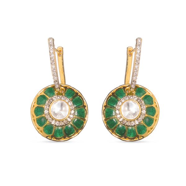 2 in 1 Narmada Earrings with green stones on one side is shown