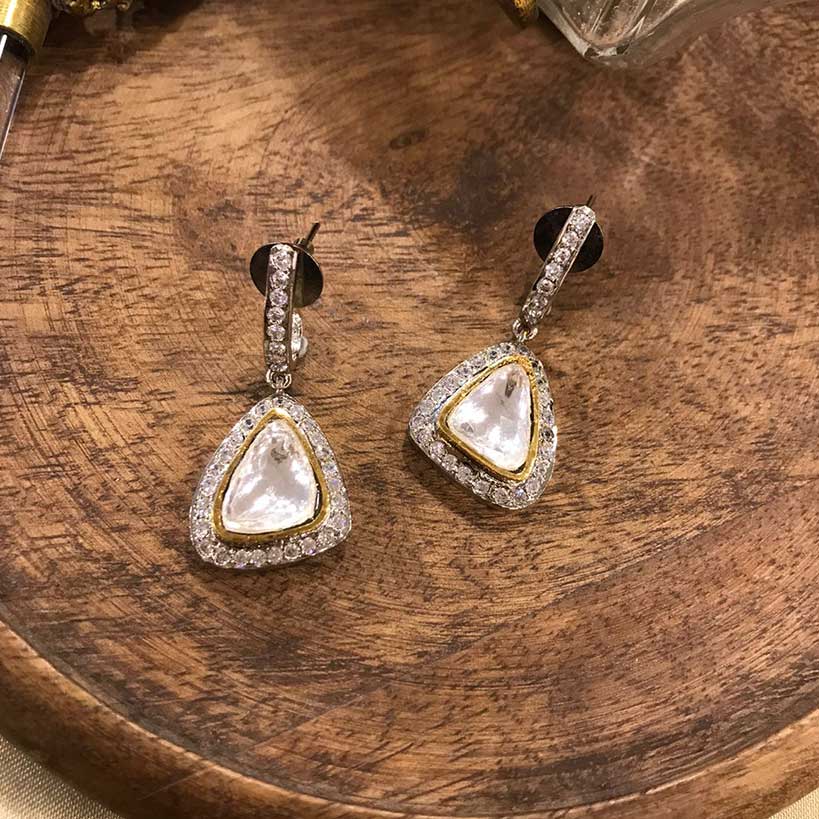 The picture shows Vasundhara's Modern Earrings With Diamantes And Kundan Drop 